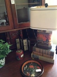 Asian tea tin lamp, books, and other accents