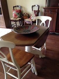 Drop leaf table with matching chairs; large round decorative bowl