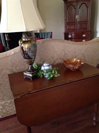 Drop leaf table, lovely lamp, and Carnival glass bowl