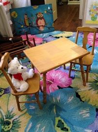 Darling hook rug from India - 7 feet 9 inches x 9 feet 9 inches; antique child's table and chairs