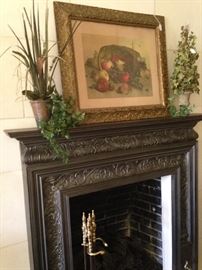 Antique framed fruit stylelife; brass fireplace tools