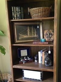 Book shelf and decor; framed dimensional ship