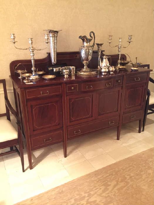 MAHOGANY WITH INLAY SIDEBOARD, STERLING HOLLOWARE