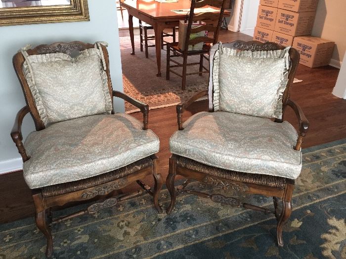 BUY IT NOW - Lot # 105 Pair of antique wicker chairs with custom made cushions.  Beautiful carved details.  $200 each or $375 for the pair.