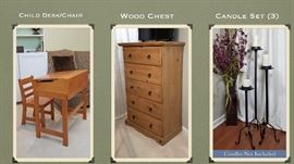 Child Home school Desk and Chair, Wood chest, candle stands