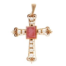 Victorian 10K Yellow Gold Carnelian Intaglio and Pearl Pendant Brooch: An antique Victorian 10K yellow gold carnelian intaglio and cultured pearl cross convertible pendant brooch.