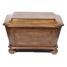 Oak Chest: An oak constructed chest. This piece features a rectangular top with beveled edges and four bun feet to lower. Hinged lid opens to reveal a divided interior.
