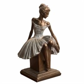 Sergey Eylanbekov Ballerina Reproduction Sculpture by Alva Studios after Edgar Degas: A Sergey Eylanbekov reproduction sculpture by Alva Studios after Edgar Degas. The reproduction sculpture is made of plaster that has been painted to resemble bronze. The piece depicts a seated ballerina adjusting her pointe shoes. The piece is marked to the back “Sergey Eylanbekov 1997 Manuf. by Alva.”