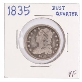 1835 Capped Bust Quarter: An 1835 Capped Bust Silver Quarter. Designer: John Reich. Mintage: 1,952,000. Metal Content: 90% Silver, 10% Copper. Diameter: 24.3mm. Weight: 6.4 grams.