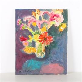Original Murat Kaboulov Oil Painting #1232: An original oil painting on canvas #1232 by listed Russian artist Muray Kaboulov (1939-2010). This expressionistic still life depicts an arrangement of lilies, daisies, and wild flowers in a glass vase. The work is signed by hand in the lower left of the canvas, and again on the verso with a felt tip pen. It is presented unframed and without hanging hardware.
