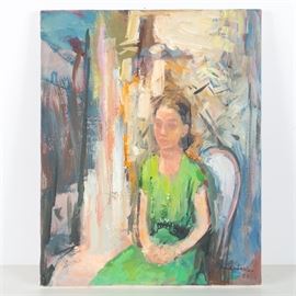 Original Murat Kaboulov Oil Painting "Portrait of Nikita": An original oil painting on canvas Portrait of Nikita by listed Russian artist Muray Kaboulov (1939-2010). This expressionistic portrait depicts a seated young girl in a green summer dress. The work is signed by hand in the lower left of the canvas, and again on the verso with a felt tip pen. It is presented unframed and without hanging hardware.