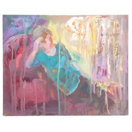 2008 Murat Kaboulov Oil Painting on Canvas of a Reclining Woman: A 2008 oil painting on stretched canvas by listed artist Murat Kaboulov (1939-2010). Executed with loose brushstrokes and drips of paint, this depicts a woman reclining on her side, her head rested on her right hand. It is dated and signed in the lower right corner however no clear artist attribution could be made. The work is presented unframed, mounted to a wooden stretcher. Murat Kaboulov was a Russian-born and educated artist who emigrated to Tennessee in 1992. His works are in the collections of several art museums in Russia.