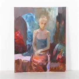 Original Murat Kaboulov Oil Painting on Canvas: An original oil painting on canvas by listed Russian artist Muray Kaboulov (1939-2010). This expressionistic portrait depicts a young woman seated with arms crossed on a sofa with pillows. The work is signed by hand in the lower right of the canvas. It is presented unframed and without hanging hardware.