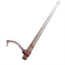 Cant Hook Logging Tool: A cant hook, logging tool consisting of a wooden lever handle with a movable metal hook.