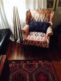 $150 - &nbsp;Custom Ikat print Queen Anne chair in navy, gold and tangerine with linen contrasting sides and back