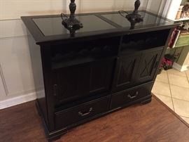 $200 - &nbsp;19Wx51Lx39.5H Black Pottery Barn Buffet&nbsp;with built in wine rack and sliding barn style front panels, two drawers