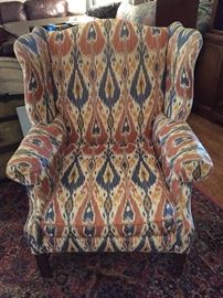 $150 - &nbsp;Custom Ikat print Queen Anne chair in navy, gold and tangerine with linen contrasting sides and back