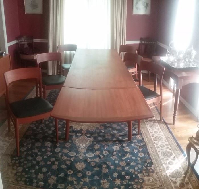 Mid Century Danish Modern dining room set...stamped  "K.S. Made in Denmark" ..Expandable table..six chairs..china cabinet...TEAK