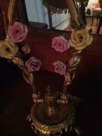 Branched antique French brass lamp...porcelain flowers..from a matched five lamp set