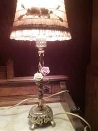 Antique 1920's French lamp... brass..porcelain roses..original silk lamp shade...one of a matched pair in a set of FIVE..