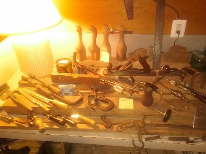 Antique tools..also several boards of solid walnut wood...and four walnut Queen Anne table legs