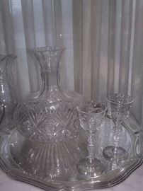 Cut glass decanter..glasses..silver tray