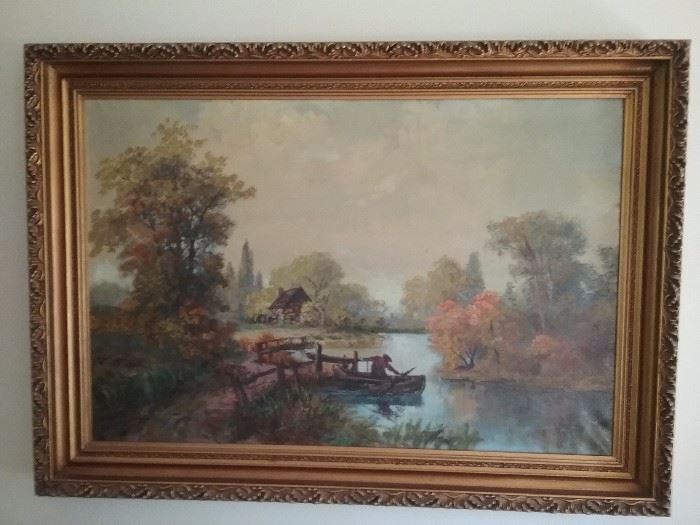 Antique signed painting in gold gesso frame