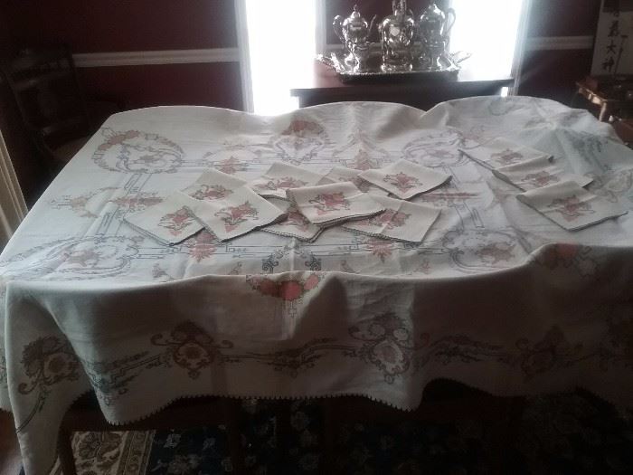 Vintage linens...tablecloth with twelve matching napkins..cross stitch on linen..