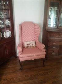 Matched pair of custom made Clyde Pearson Queen Anne wing back chairs with arm rest and headrest covers...yards of extra fabric....original receipts..Clyde Pearson 1984 book