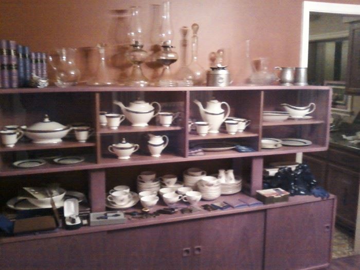 Mid century Danish modern TEAK China cabinet...set of Royal Doulton China..HARLOW pattern..ten place settings...coffee pot..tea pot..sugar..creamer..large platter..medium platter..vegetable bowl..covered bowl..sixteen tea cups and saucers..ten rimmed soup bowls.. BUBBLE WRAP..TAPE..BOXES.. AVAILABLE FOR CHINA..CRYSTAL..CHRISTMAS DECORATIONS.