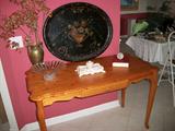 PINE DESK, TOLE TRAY, ROSENTHAL BOWL