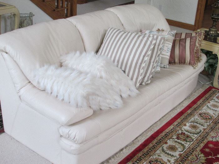 Leather sofa and pillows