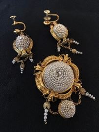 Antique Seed Pearl Broach and Earring Set, 10K