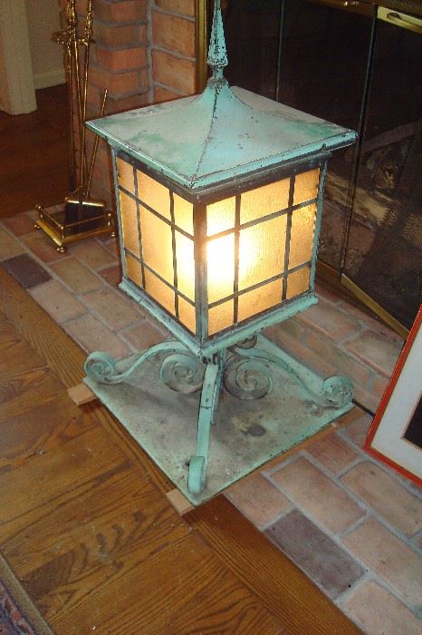 Antique copper and pebble glass out door light fixture. Probably dates from 1890/1920.