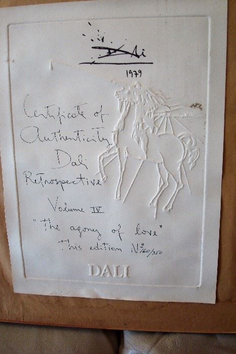 Certificate of authenticity for The Agony of Love. Dated and signed by Dali, 1979. Edition 160 of 350