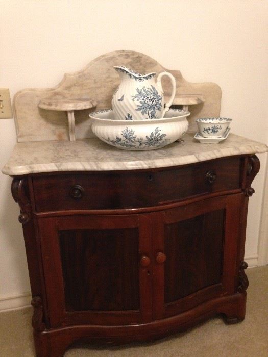 Antique marble top wash stand with blue & white bowl & pitcher