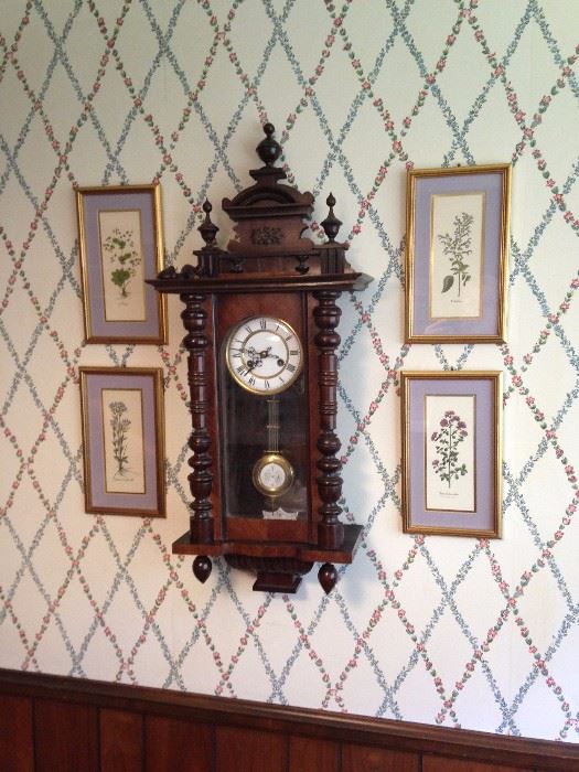 Another fine clock; framed botanical prints