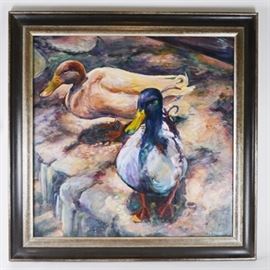 Diane Corman Original "Sedona Ducks" Oil Painting: An original oil on birch board painting titled Sedona Ducks by Diane Corman. This Realism style painting with medium textural strokes, depicts a drake and duck in the dappled light along L’Auberge Creek. It is signed Corman on the lower right. The art is presented in a black composite frame with silver tone detailing. This painting includes a rear wire and is ready to hang.