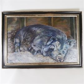 Diane Corman Original "Lost Hope" Oil Painting: An original oil on birch board painting titled Lost Hope by Diane Corman. This Realism style painting depicts a sad looking pig at Loveland Farm. Titled Lost Hope because he had just lost his buddy to slaughter that day, and it was his turn the next day. This painting includes additional texture that resembles straw. It is signed Corman on the lower right. The art is presented in a black composite frame with silver tone detailing. This painting includes a rear wire and is ready to hang.