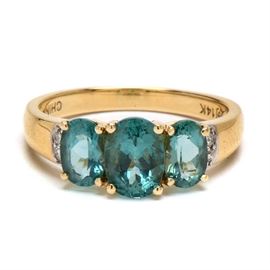 14K Yellow Gold Apatite Diamond Fashion Ring: A 14K yellow gold fashion ring featuring three apatite stones flanked by diamonds.