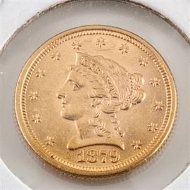 1879 $2 1/2 Liberty Gold Coin: 1879 $2 1/2 Liberty Gold Piece. Designer: Christian Gobrecht. Mintage: 88,960. Metal Content: 90% gold 10% copper. Diameter: 18.0 mm. Weight: approximately 4.18 grams. Very good condition.