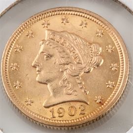 1902 $2 1/2 Liberty Gold Coin: A 1902 Liberty Head $2 1/2 gold coin. Designer: Christian Gobrecht. Mintage: 133,540. Metal Content: 90% gold 10% copper. Diameter: 18.0 mm. Weight: approximately 4.18 grams. Very good condition.