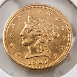 1907 $2 1/2 Liberty Gold Coin: A 1907 $2 1/2 Liberty gold coin. Designer: Christian Gobrecht. Mintage: 336,294. Metal Content: 90& gold 10% copper. Diameter: 18.0 mm. Weight: Approximately 4.18 grams. Very good condition.