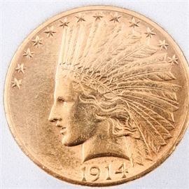 1914-S Indian Head $10 Gold Coin: A 1914-S Indian Head $10 gold coin. Designed: Augustus Saint-Gaudens. Mintage: 208,000. Metal Content: 90% gold 10% copper. Diameter: 26.80 mm. Weight: approximately 16.70 grams. Good condition.