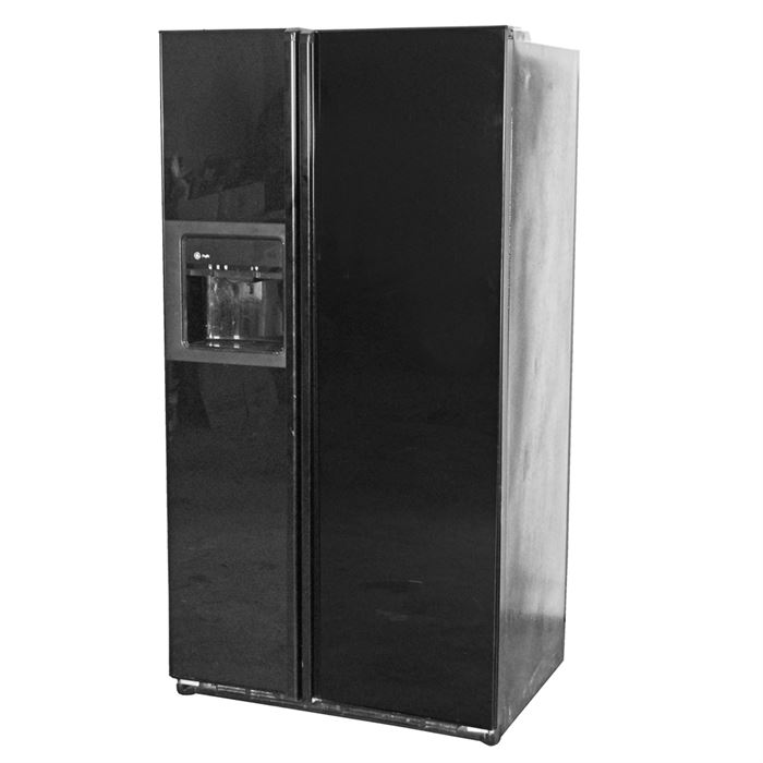 GE Profile Refrigerator: A GE Profile side-by-side refrigerator. The unit is black and has an ice maker/maker mechanism to the exterior door. The lighted interior offers multiple shelves, drawers, and storage to the doors.