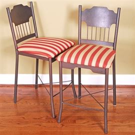Pair of White and Red Stripe Amisco Stools: A pair of matching metal stools with upholstered red and white striped seat cushions. Made by Amisco. Minor wear, scratches, and scuffs to metal portion of the chairs. See photos for details.