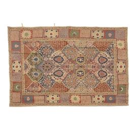 Indian Hand-Embroidered Floral Tapestry: A hand-embroidered floral tapestry from India. This tapestry has a hand-embroidered floral tapestry, stitched onto a burlap backing. The pattern features floral medallions in tan, and muted reds and blues. It has a cloth label to the back, marked “Hand Embroidered India”.