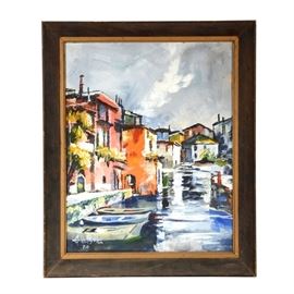 Alfred B. Nelson Original Oil Painting on Academy Board: An original 1980 oil painting on academy board by an artist named Alfred B. Nelson, titled Lake Como. The painting depicts a charming Expressionistic rendering of brightly-colored villas lining the Italian lake. The painting is completed in broad, loose strokes of paint with stark black outlines. The painting is signed and dated in white to the lower left, and a gallery tag attached to the verso gives additional information. The painting is presented in an angled wooden frame with gold tone inner lining and a hanging wire.
