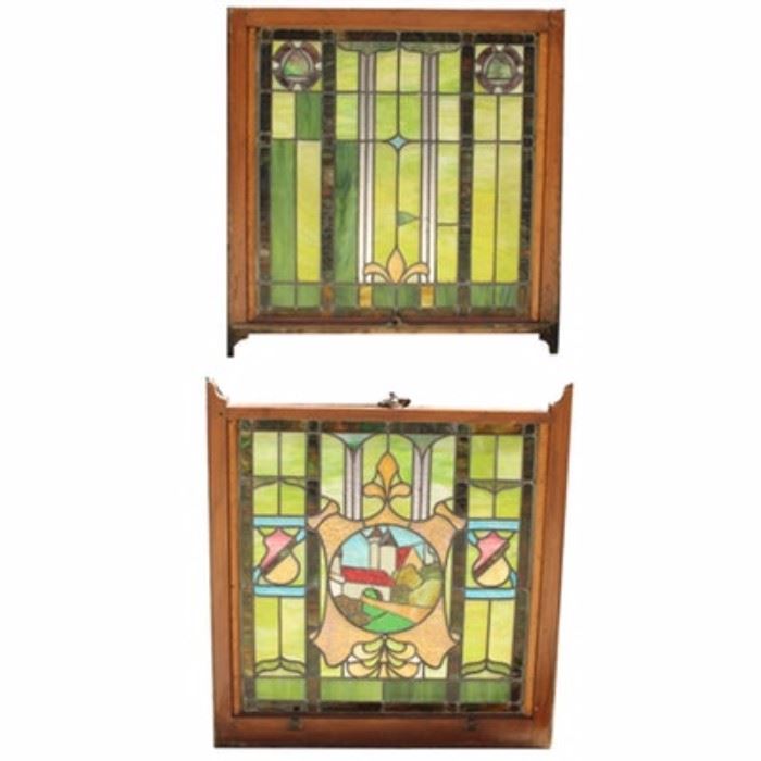1920's Two Panel Stained Glass Window of a Castle: A vintage 1920s two panel lead stained glass window. This window features German style castle on the lower panel and floral to the top. These panels are housed in white painted frames with old ‘turn-lock’ hardware.