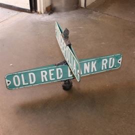 Vintage Cincinnati Intersection Street Sign Red Bank Road: A vintage Cincinnati intersection sign. This pair was from the corner of Red Bank Road and Colbank Road. The original painted green porcelain over metal and vintage finial are still present and in good condition.